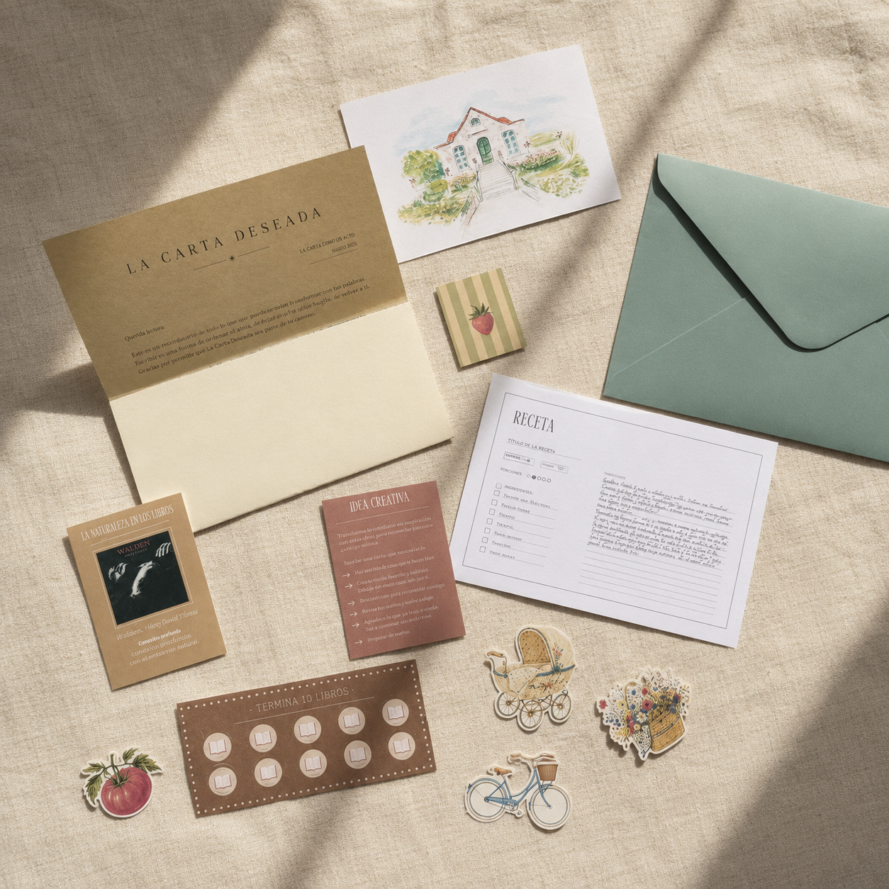 Sobre y contenidos de La carta deseada colocados sobre una tela clara.